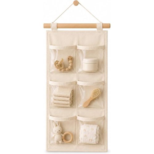 Juju Hanging Nursery Wall Organizer – 6 Clear Pockets with Rigid No-Sag Top Bar – No-Drill Over-Door or Adhesive Mount – Wipe-Clean Canvas Storage Caddy