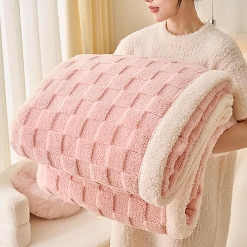 Pink Sherpa Throw Blanket for Couch, Flannel Cozy Soft Thick Blanket Warm Twin Blanket for Bed - Fleece, Pink, Home Decor Gifts for Women, 60x80 Inches