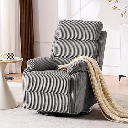 Plush Premium Velvet 360° Swivel Rocker Recliner Chair - High Back Glider with Generous Footrest, Supportive Armrests & Side Pocket for Nursery, Living Room & Small Spaces Grey