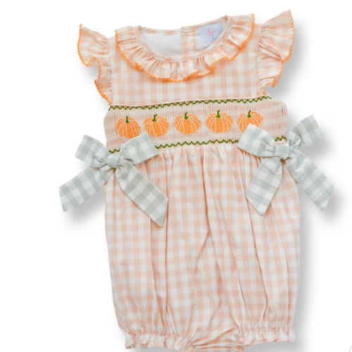 PRE-ORDER Girls Harvest Gingham Pumpkin Bow Bubble