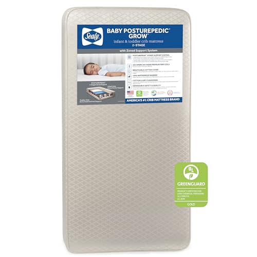 Sealy Baby Posturepedic Grow Breathable 2 Stage Waterproof Crib Mattress plus Toddler Bed Fit, Non Toxic Cotton Cover, GREENGUARD Gold Certified, Safety & Quality Tested, Made in USA, 52"X28"