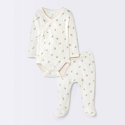 Baby Girls' 2pc Floral Pointelle Top & Bottom Set - Cloud Island™ Ivory 0-3M
