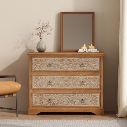 Christopher Knight Home Bianca Boho Carved Floral 3 Drawer Wood Dresser, Natural