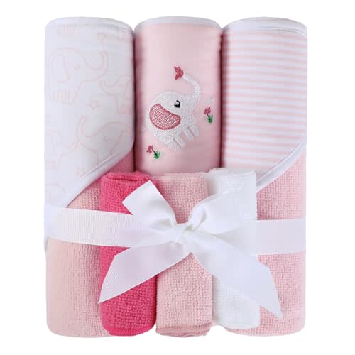 Softan Baby Hooded Towels and Washcloths Set 6 Pack, 28x28 Ultra Soft & Absorbent Baby Bath Towels for Newborn Infant Toddler, Unisex Boys Girls (Pink Elephant)