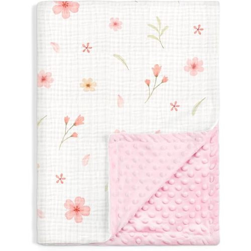 Floral Baby Blankets for Girls Newborn, Soft Nursery Minky Blankets with Muslin and Dotted Fleece Back 30x40 inches, Receiving Bed Quilt for Infants, Toddlers