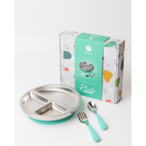 Lion & Lady 18/8 Stainless Toddler Plate with silicone suction base, spoon and fork