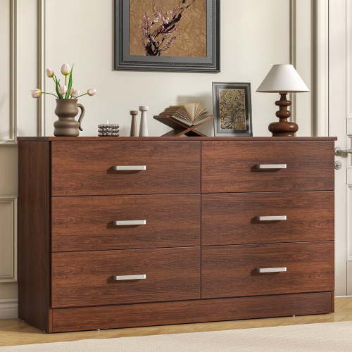 Winkalon 6 Drawer Brown Double Dresser,Wood Storage Cabinet with Easy Pull Out Handles for Living Room,Chest of Drawers for Bedroom