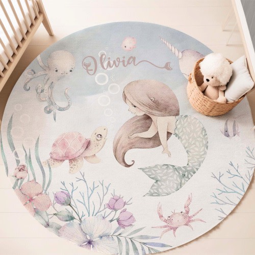 Little Mermaid Nursery Rug, Ocean Animals, Round Play Mat