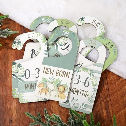 Whaline 8Pcs Baby Closet Size Dividers Watercolor Safari Animals Hanging Wooden Baby Closet Organizer Newborn to 24 Months Thicken Baby Wardrobe Organizer