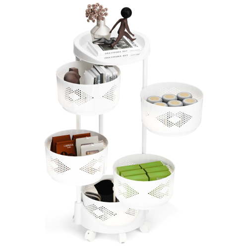 Jmismy Kitchen Storage Cart,5 Tier Circular Rotating Bathroom Storage Rack with 5 Lockable Casters,Fruit Vegetable Shelf with 360 Degree Wheels for Home ,Office