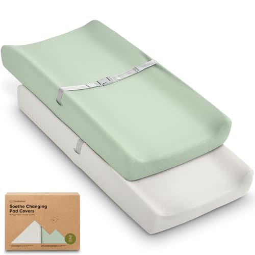 2-Pack Organic Changing Pad Covers for Girl, Boy, Neutral - 100% Cotton Changing Table Pad Cover, Soft Baby Nursery Diaper Changing Pad Sheets, Contour Changing Pads Liners, Change Pad Cover (Sage)