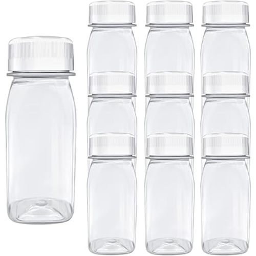 10 Pcs 4 Ounce Plastic Juice Bottles, Reusable Bulk Beverage Containers for Juice, Milk and Other Beverages, White lid
