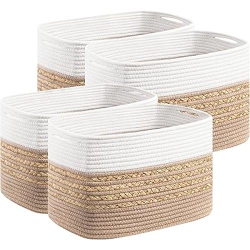UBBCARE 4 Pack Baskets for Organizing, Woven Storage Baskets for Toys and Towel, Rectangle Cotton Rope Basket with Handles, 14''L x 8''W x9''H, Brown