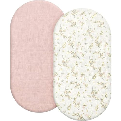 100% Organic Cotton Muslin Baby Bassinet Sheets 2 Pack 33”x17” for Baby Girl Boy, Soft Fitted Mattress Pad Cover Compatible with Halo BassiNest Swivel Sleeper, Graco, Baby Delight, Chicco, Angelbliss