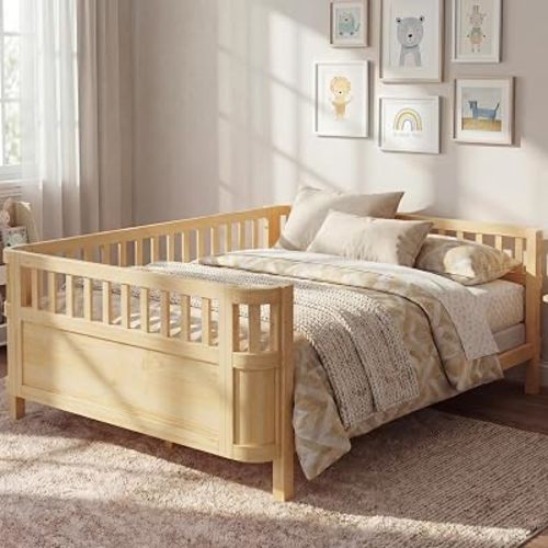 Full Size Wood Floor Bed, Montessori Platform Daybed Frame with Storage & Safety Rails, Space Saving U-Shaped Corner Day Beds Full for Boys Girls, No Box Spring Needed, Easy Assembly, Brown