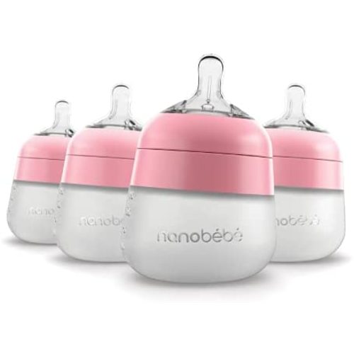 Nanobébé Flexy Silicone Baby Bottle, Anti-Colic, Natural Feel, Non-Collapsing Nipple, Non-Tip Stable Base, Easy to Clean 4-Pack, Pink, 5 oz