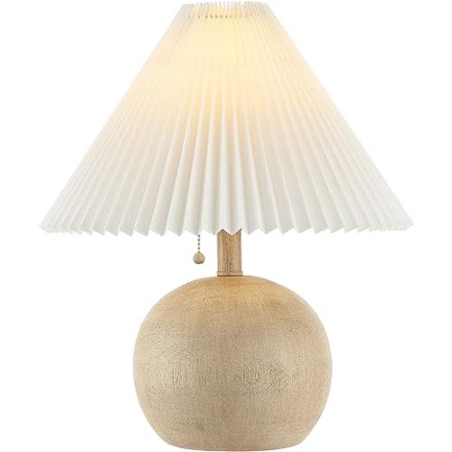 JONATHAN Y JYL1145B Aksel 17.25" Coastal Scandinavian Resin/Iron Sphere LED Table Lamp with Pleated Shade and Pull Chain, Beige Wood Finish/White, for Entry Console, Bedroom, Living Room