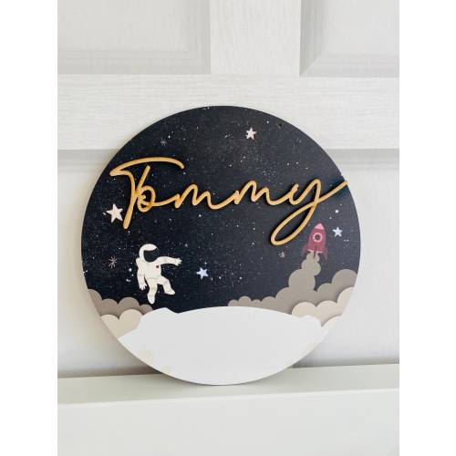 Personalised circle space theme bedroom name plaque sign door wall hanging boys bedroom nursery theme nursery astronaut solar system