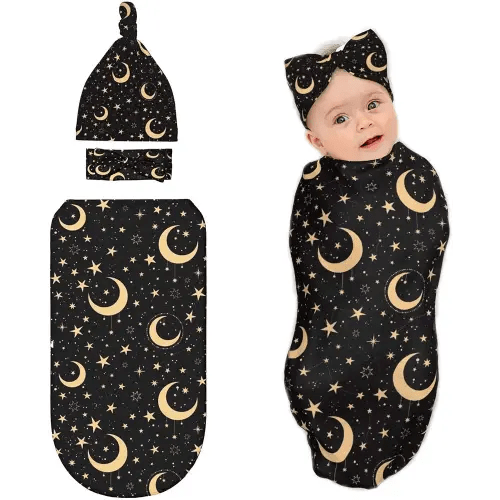 Moon and Star Black Baby Stuff Newborn Swaddle Blanket with Beanie Hat and Headband Set,Baby Swaddle Blanket Gifts for Infant Shower Boys Girls