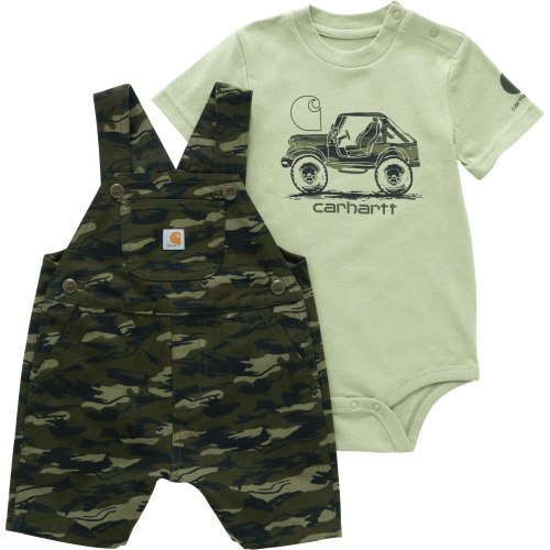 Carhartt Short-Sleeve Bodysuit and Canvas Camo Shortalls Set for Babies - Olive - 9 Months