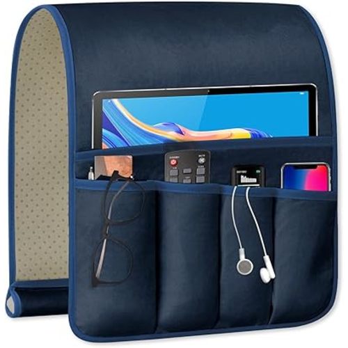 TV Remote Control Holder Couch Caddy, Non-slip Bedside Caddy Organizer with 5 Pockets for Key Glasses Phone Magazine Holders