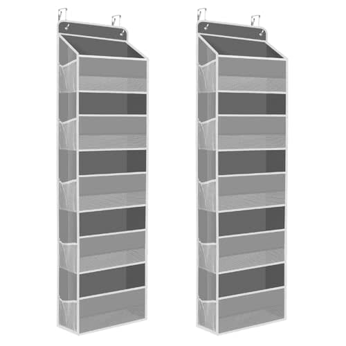 2 Pack Over The Door Organizer, Hanging Storage Organizer with Clear Window, 40lb Ultra Sturdy Large Capacity Room Organizer for Pantry Laundry Bathroom Nursery Closet (Grey)