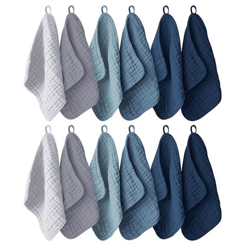 12 Pack Muslin Washcloths for Baby - 100% Cotton Baby Wash Cloths for or Baby Face Body Comfy and Soft for Newborn Infants Kids Girls and Boys - 12"x12" - Slate, Grey and Navy Series