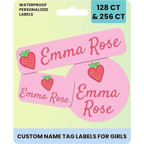 Label Daddy Personalized Name Labels for School - Waterproof Name Tags for Kids - Washable Custom Daycare Labels for Clothes, Lunchboxes, Water Bottles & More - 128 Ct & 256 Ct - Strawberry Design