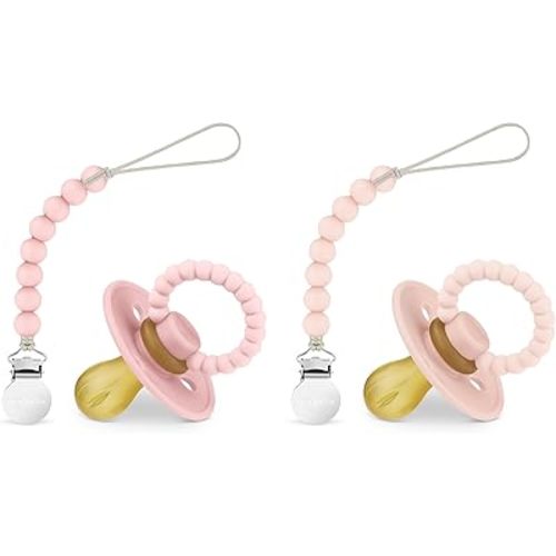 Luladream Pacifier and Clip Set - Natural Rubber Nipple - Soft Teething Handle - for Infants Baby's and Toddlers, 0-18 Months (Blush Pink + Rose Petal + Clips)