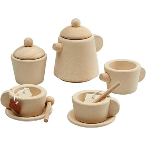 PlanToys Wooden Tea Set for a Pretend Play Tea Party (3616) | Sustainably Made from Rubberwood and Non-Toxic Paints and Dyes | Eco-Friendly PlanWood