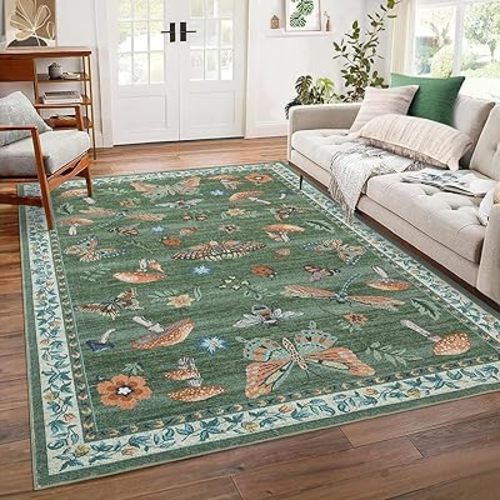 Mushroom Washable Rug 5x7 Area Rugs for Living Room, Insect Print for Bedroom, Non Slip Throw Rugs with Rubber Back, Soft Low Pile Dining Room Carpet for Under Table, Green