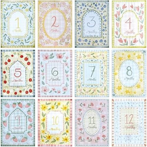 Crtiin Baby Monthly Milestone Cards Set 5 x 7 Inch Wildflower First Monthly Milestone Cards Sign Pastel Watercolor First Holiday Card 12 Month Newborn Photo Props for Boys Girls Baby Shower, 12 Design