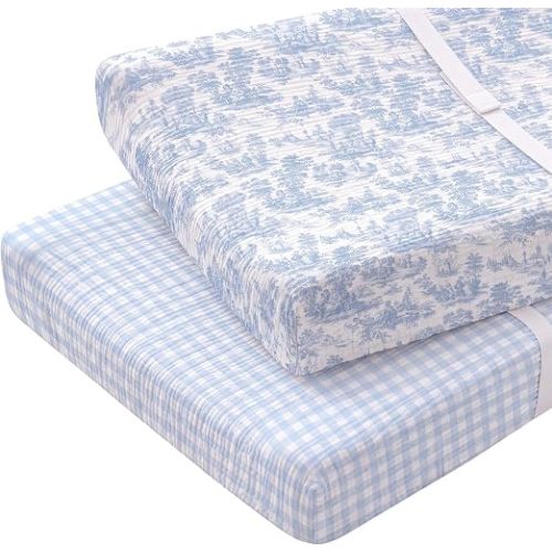 2 Pack Blue Gingham Toile Muslin Changing Pad Covers for Boys Girls