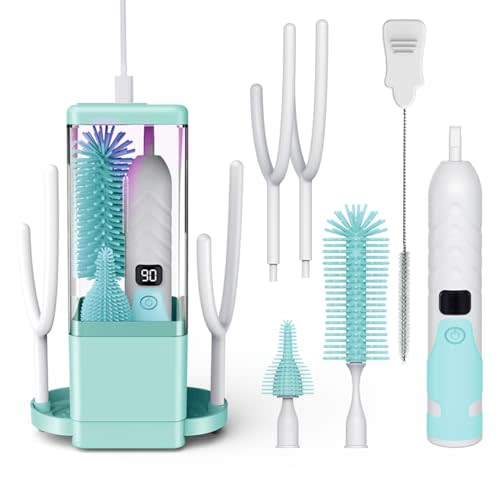 Electric Bottle Brush Cleaner - 360°High-Speed Spinning Bristles, Rechargeable Baby Bottle Brush with Silicone Bottle, Nipple Brush, Straw Brush, 2 Drying Rack, UV sterilized, Green