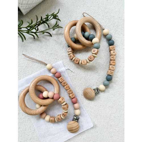 Personalized Pacifier Clip and Rattle set|Custom Baby shower Gift|Pastel Babygirl Binky Holder|Wooden Babyboy Dummy Chain|Newborn Gift