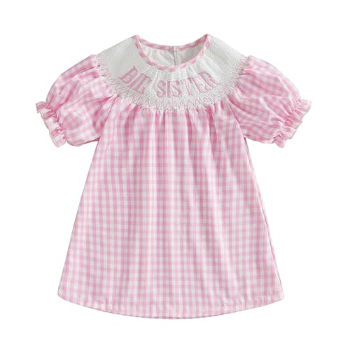 Baby Sister Big Sister Matching Outfits Puff Short Sleeve Letter Plaid Smocked Princess Dress/Bubble Romper Summer