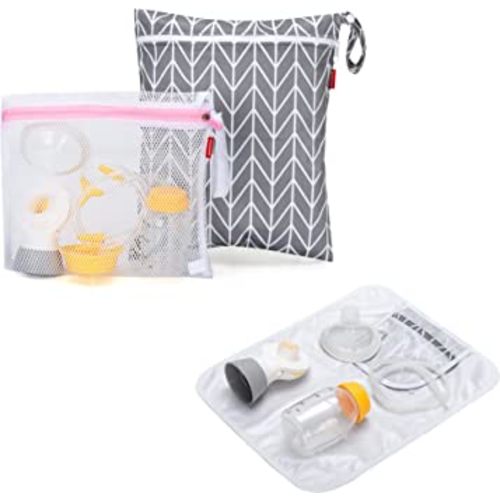 Damero Breast Pump Parts Bag, Wet Dry Breast Pump Parts Bag, Pumping Bag with Waterproof Mat and Mesh Bag, Gray Arrow