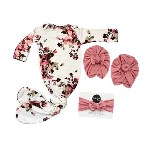 Floral Baby Knotted Gown: Wine & Pink, with Dusty Rose Turban