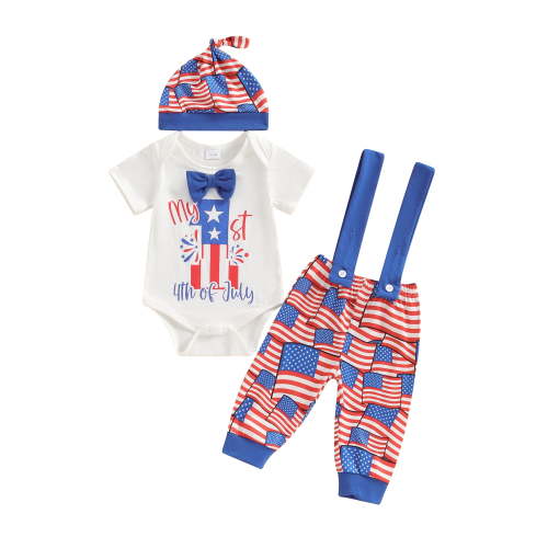 FEORJGP 4th of July Clothes for Baby Boys 0 3M 6M 12M 18M Infant Gentleman Outfits Crew Neck Jumpsuit Letter Print Short Sleeve Rompers Stripe Stars Pds Fashion Comfy 3Pcs Summer Clothes Set