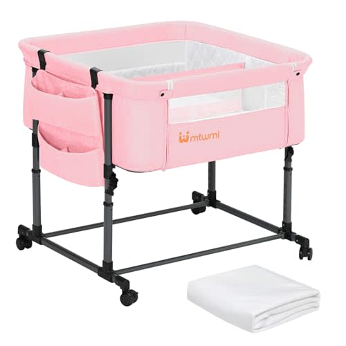 MTWML Twin Bassinet for 2 Babies,Portable Twins Crib with Storage Bag and Replaceable Mattress Cover,Adjustable Height Double Bedside Crib Attaches to Bed with Strap for 0-6 Months (Pink) | Twin Bassinet, Portable Crib, Replaceable Cover, Adjustable He...