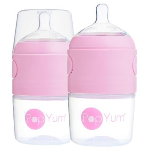 PopYum 5oz Anti-Colic Baby Bottle for Breast and Formula Feeding, 2-Pack, Pink, #1 Slow Flow Nipples