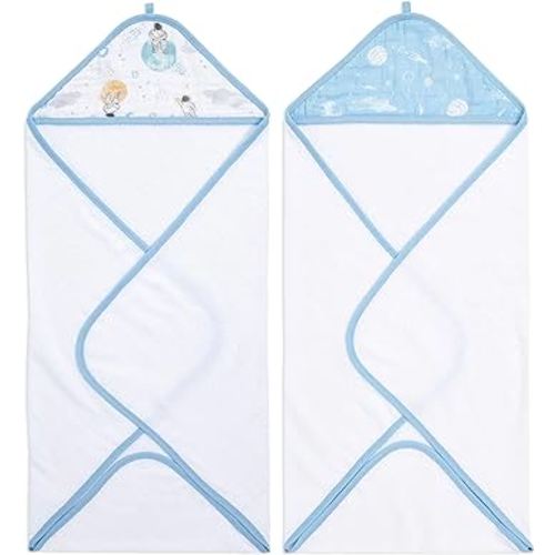 aden + anais Essentials Hooded Baby Bath Towel, Super Soft 100% Cotton, 2 Pack, Space Explorers