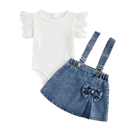 Infant Girl Denim Outfit Lace Trim Fly Sleeve Ribbed Romper and Suspender Skirts Set Newborn Baby 2Pcs Summer Clothes