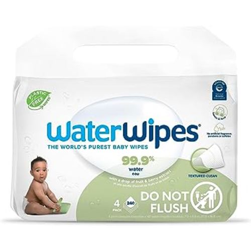 WaterWipes Plastic-Free Textured Clean, Toddler & Baby Wipes,&nbsp;99.9% Water Based Wipes, Unscented & Hypoallergenic for Sensitive Skin, 240 Count (4 packs), Packaging May Vary