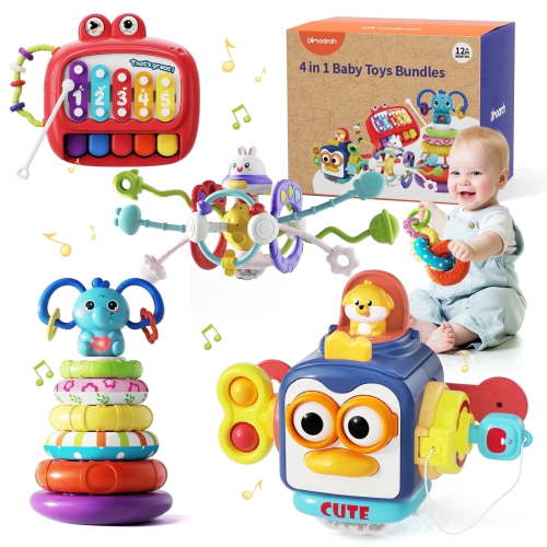 Dimoarch 4 in 1 Baby Toys 6-12 Months Boys Girls, Montessori Babies Toy, Infant Teething Toys Suitable for 3-6-12 Months Old Baby Boys and Girls Toy Bundles Gift