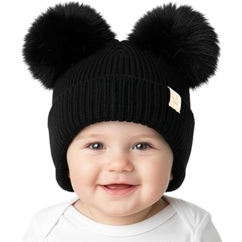 Funky Junque Double Pom Pom Baby Beanie – Newborn Girl Winter Hat 0–12 Months, Cute Cozy Knit Infant Beanies for Cold Weather