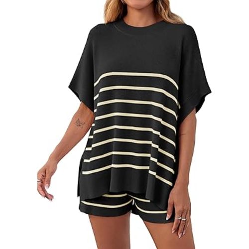 Fisoew Women's Striped 2 Piece Outfits Oversized Batwing Short Sleeve Tops High Waisted Shorts Summer Knit Lounge Short Sets