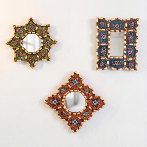 Set of 3 Small Wall Mirrors 6", Vintage Style Decor, Bronze Leaf, Peruvian Hand Painted Glass for Gallery Wall - USA/Canada No Duties