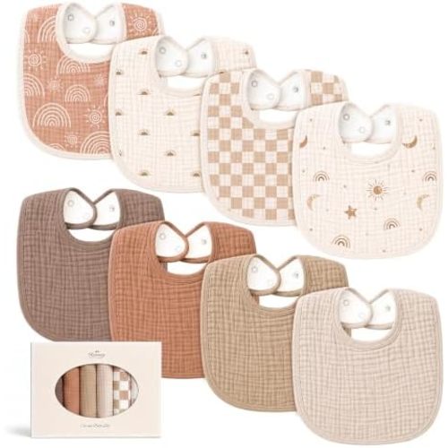Konssy 8-Pack Muslin Baby Bibs, Adjustable Fit for Drooling and Teething
