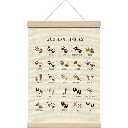ZEDEV Woodland Tracks Poster Hanger with Wood Frames 12x16 Inches, Forest Animals Canvas Wall Art, Artwork Hanging Kit for Kid Room Nursery Classroom Playroom Living Room Wall Decor-03